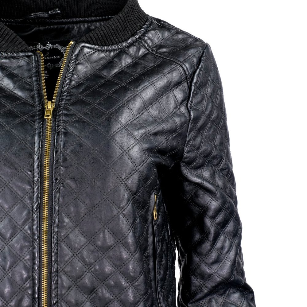 AMBIANCE Black Faux Leather Quilted Bomber Jacket